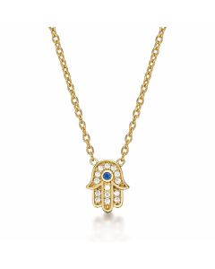 Yellow Gold Plated Sterling Silver HAMZA HAND Pendant Necklace with Cubic Zirconia