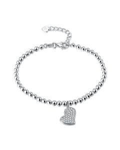 Sterling Silver Ball Bracelet Heart Shape Charm & White Cubic Zirconia