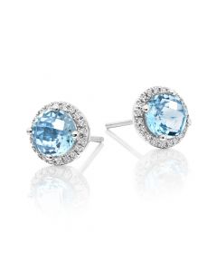 2.00ct Blue Topaz And 0.12ct Diamond Stud Earrings In 18K White Gold