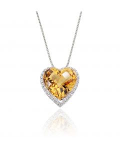3.50ct Heart Citrine Pendant Necklace With Diamonds 9K White Gold