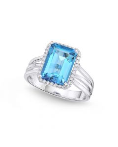 Emerald Cut 3.70ct Blue Topaz & Diamond Ring in 18K White Gold