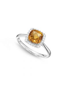Citrine Ring 7x7mm Cushion Citrine 0.15ct Diamonds 18K White Gold