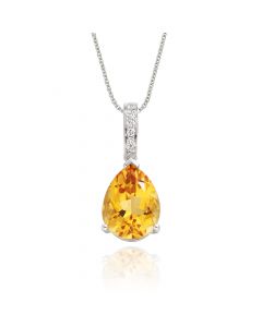 2.50ct Citrine Drop Pendant Necklace With Diamonds 9K White Gold