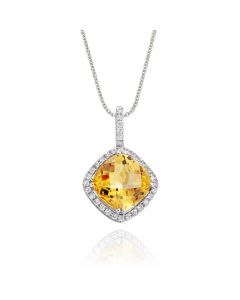 2.15ct Cushion Citrine Pendant Necklace With Diamonds 9K White Gold
