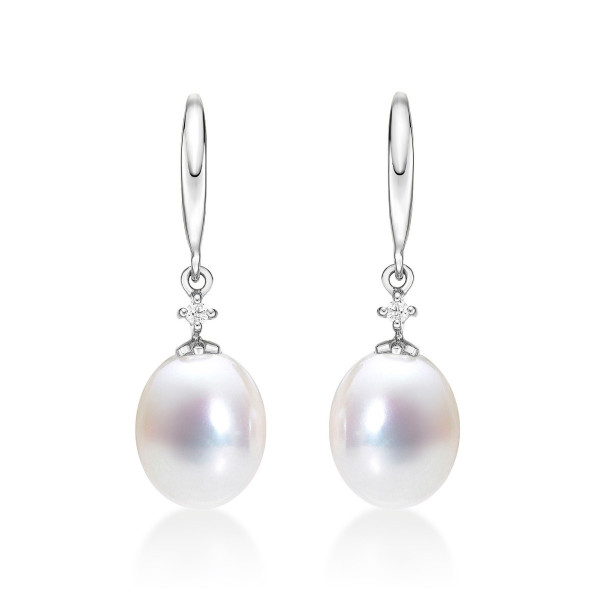 Sterling Silver Pearl Drop Earrings with White Pearls & Cubic Zirconia