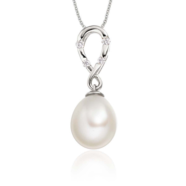 Freshwater Single Pearl Drop Pendant 0.08ct Diamond 18K White Gold