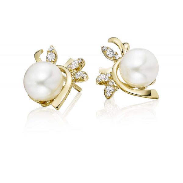 Freshwater Pearl Diamond Earrings 0.17ct Diamond 9K Yellow Gold