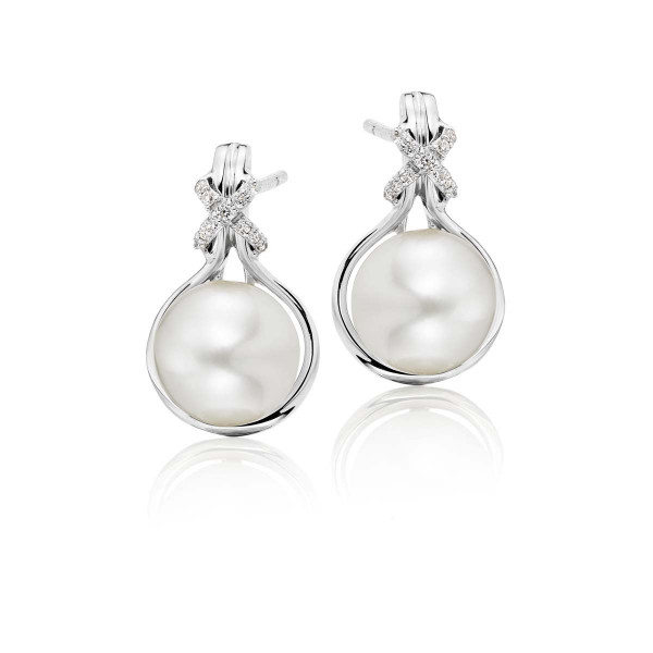 Freshwater Pearl Diamond Drop Earrings 0.08ct Diamond 18K White Gold