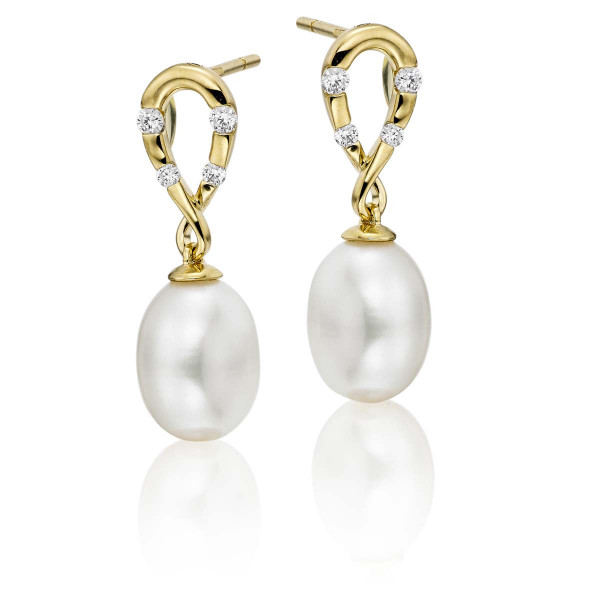Freshwater Pearl Diamond Drop Earrings 0.14ct Diamond 18K Yellow Gold