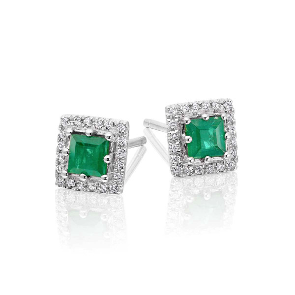 0.40ct Emerald Earrings with Diamond Halo 18K White Gold