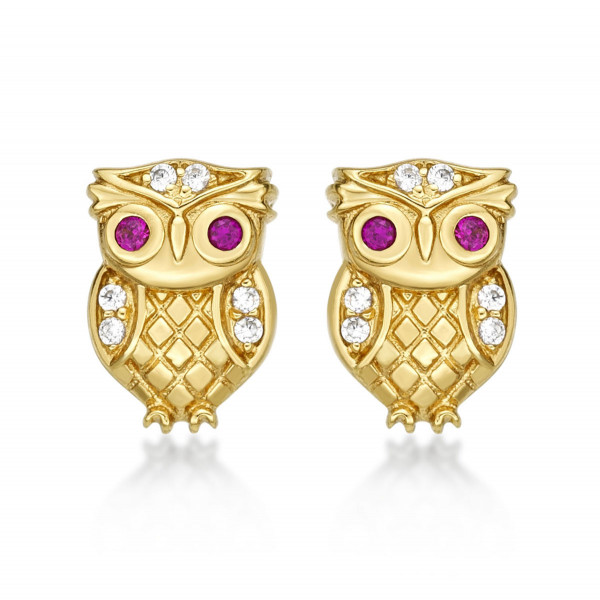 Yellow Gold Plated Sterling Silver Owl Earrings with Cubic Zirconia