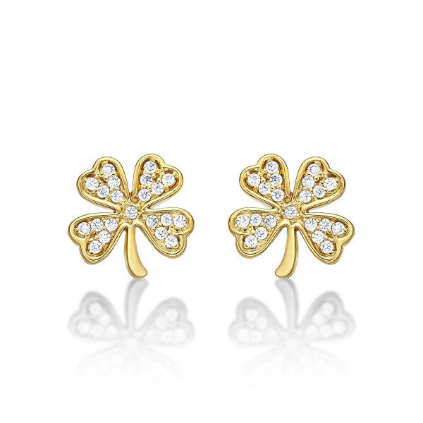 Yellow Gold Plated Sterling Silver 4 Leaf Clover Earrings with Cubic Zirconia