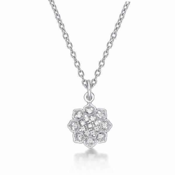 Sterling Silver ORNATE FLOWER Pendant Necklace with Cubic Zirconia