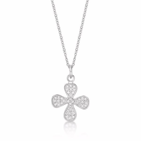 Sterling Silver FOUR LEAF Pendant Necklace with Cubic Zirconia
