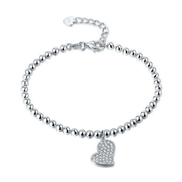 Sterling Silver Ball Bracelet Heart Shape Charm & White Cubic Zirconia