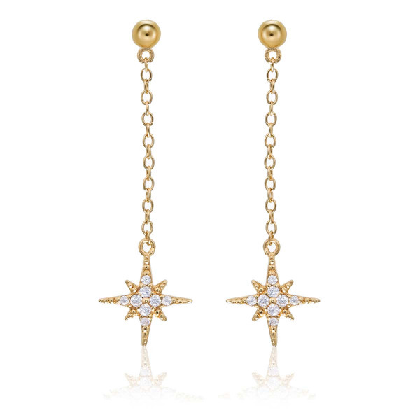 Gold Long Star Drop Earrings Cubic Zirconia in Sterling Silver