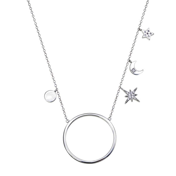 925 Sterling Silver Moon And Star Necklace With Cubic Zirconia