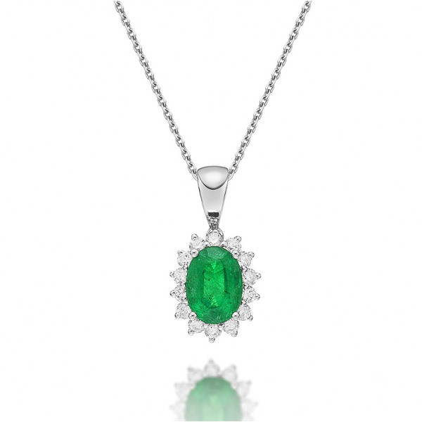 Emerald Pendant Necklace with 0.21ct Diamonds 18K White Gold