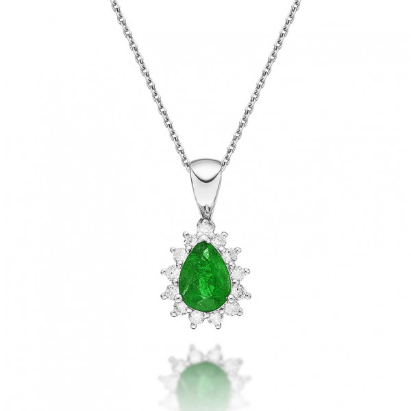 Emerald Pendant Necklace with 0.20ct Diamonds 18K White Gold