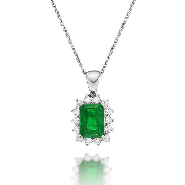 Emerald Pendant Necklace with 0.22ct Diamonds 18K White Gold