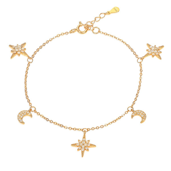 Gold Plated Sterling Silver Moon and Star Charm Bracelet with Sparkling Cubic Zirconia 