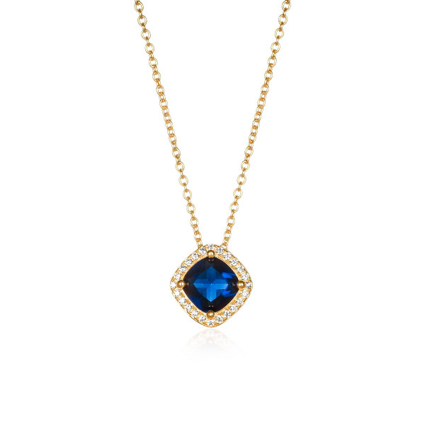 Gold Plated Sterling Silver Blue Cushion Shaped Halo Pendant Necklace