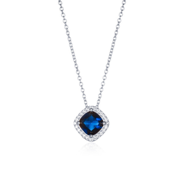 Sterling Silver Blue Cushion Shaped Halo Pendant Necklace