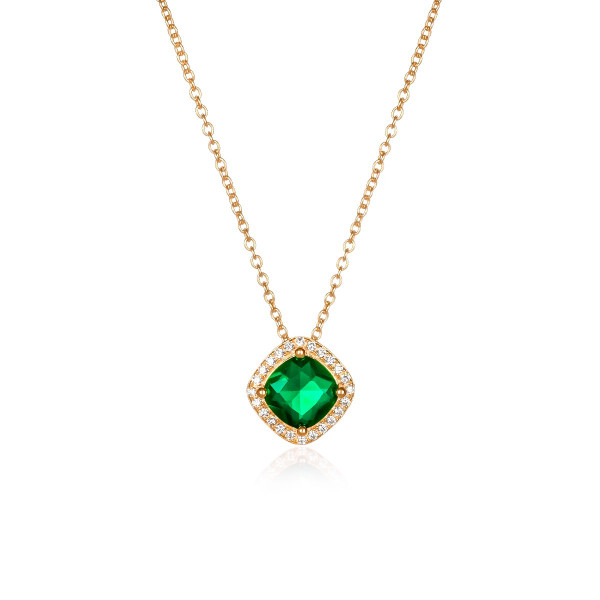 Gold Plated Sterling Silver Green Cushion Shaped Halo Pendant Necklace