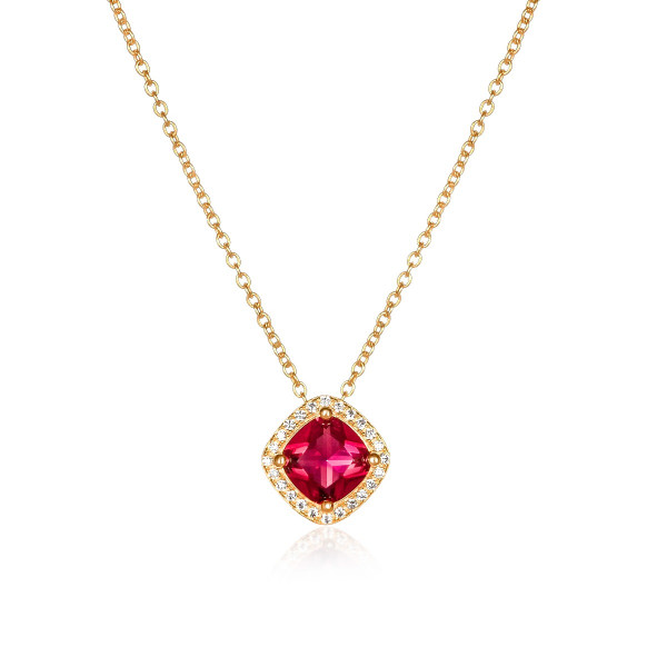 Gold Plated Sterling Silver Red Cushion Shaped Halo Pendant Necklace