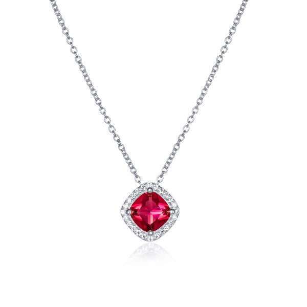 Sterling Silver Red Cushion Shaped Halo Pendant Necklace