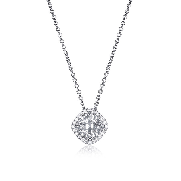 Sterling Silver Cushion Shaped Halo Pendant Necklace