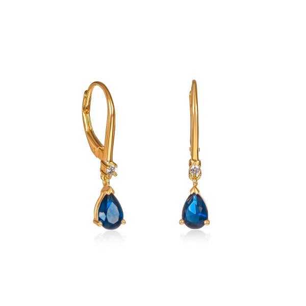 Gold Plated Sterling Silver Blue Pear CZ Leverback Drop Earrings