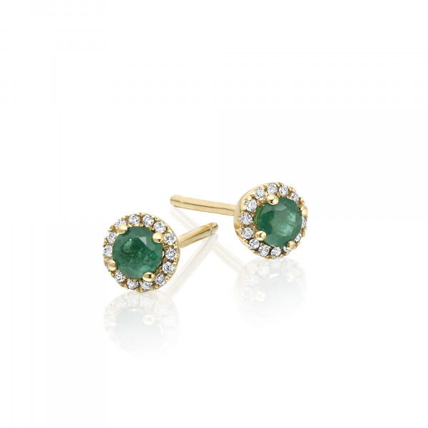 0.30ct Emerald Stud Earrings with Diamond Halo 18K Yellow Gold