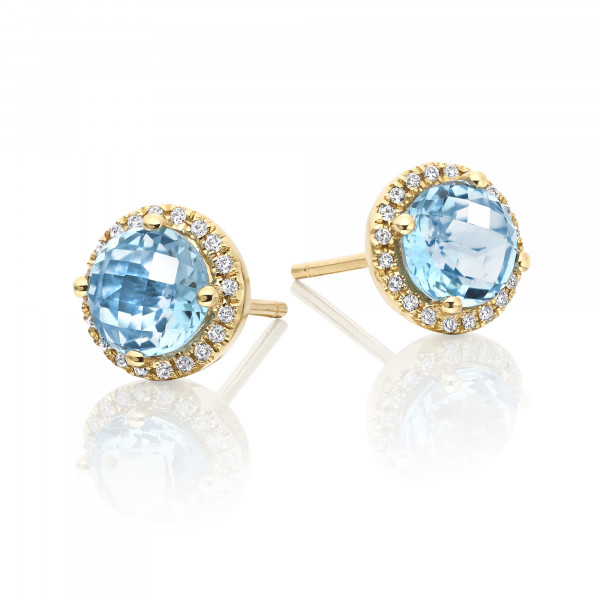 2.00ct Blue Topaz And 0.12ct Diamond Stud Earrings In 18K Yellow Gold