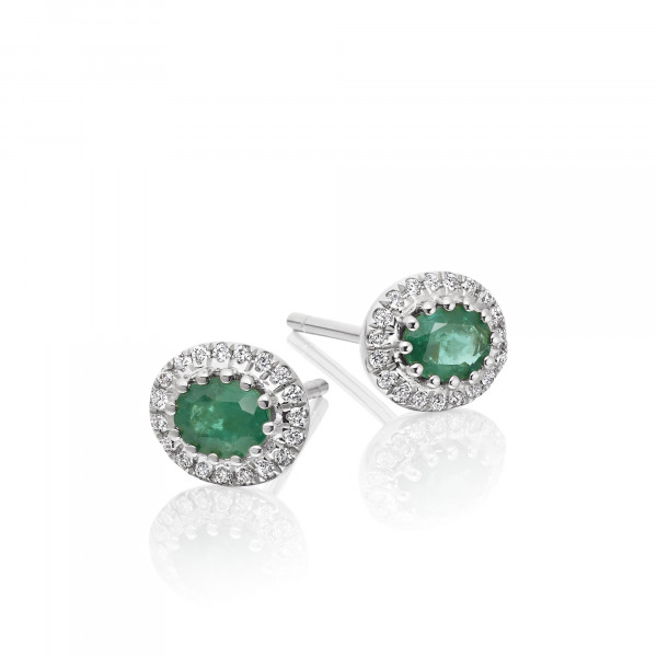 0.40ct Oval Emerald Earrings with Diamond Halo 9K White Gold
