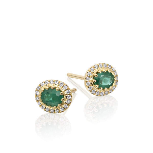 0.40ct Oval Emerald Earrings with Diamond Halo 18K Yellow Gold