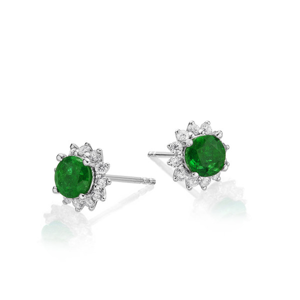 Round Emerald Stud Earrings with 0.24ct Diamond Halo 9K White Gold