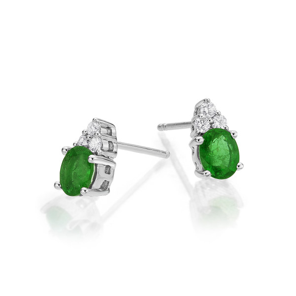 Oval Emerald Stud Earrings with 0.10ct Diamonds 9K White Gold