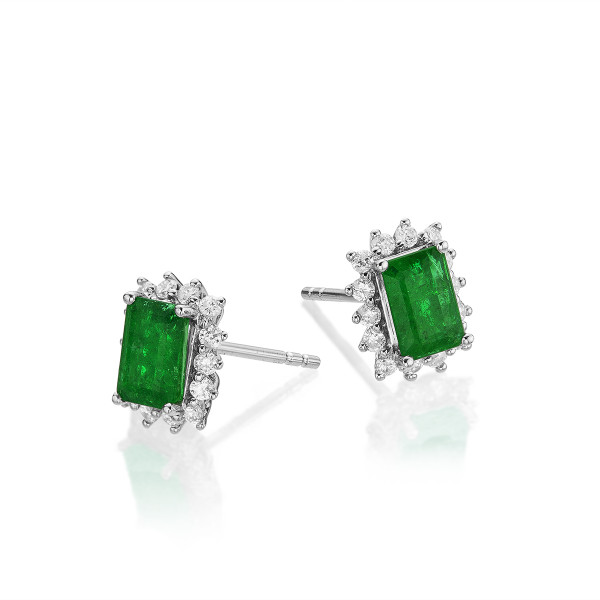 Octagon Emerald Stud Earrings with 0.28ct Diamond Halo 18K White Gold