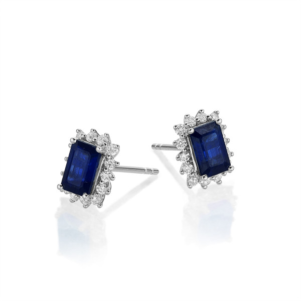 Octagon Sapphire Stud Earrings 0.28ct Diamond Halo 18K White Gold