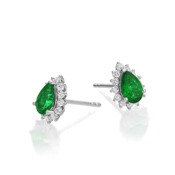 Pear Emerald Stud Earrings 0.25ct Diamond Halo 18K White Gold