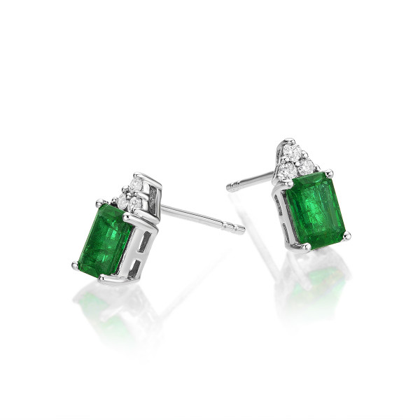 Bold Emerald Earrings with 0.10ct Diamonds 18K White Gold