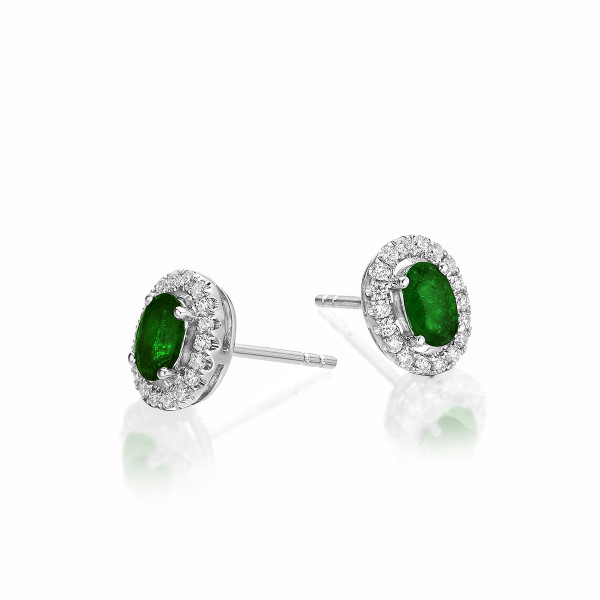 Oval Emerald Stud Earrings with 0.18ct Diamonds 18K White Gold