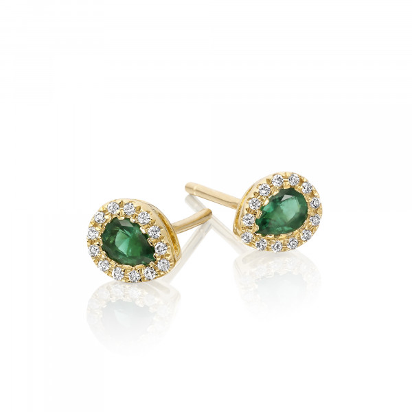 0.30ct Pear Emerald Earrings with Diamond Halo 18K Yellow Gold