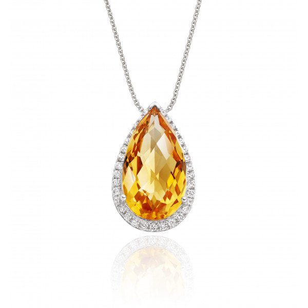 3.40ct Pear Citrine Pendant Necklace With Diamond Halo 18K White Gold