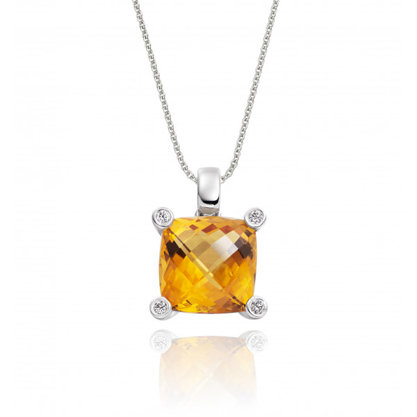 3.30ct Cushion Citrine Pendant Necklace With Diamonds 18K White Gold