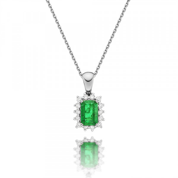 Emerald Pendant Necklace with 0.14ct Diamonds 9K White Gold