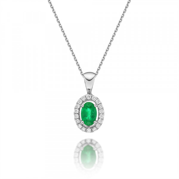 Emerald Pendant Necklace with 0.14ct Diamonds 18K White Gold