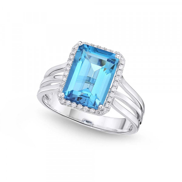 Emerald Cut 3.70ct Blue Topaz & Diamond Ring in 18K White Gold