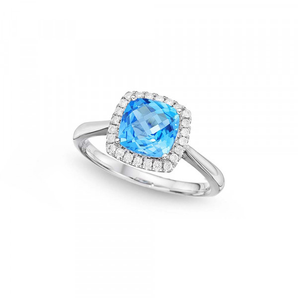 Blue Topaz Ring 7x7mm Cushion Topaz 0.15ct Diamonds 18K White Gold